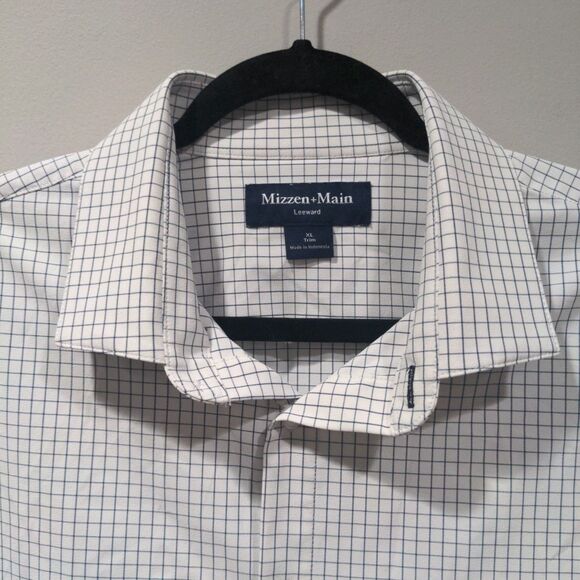 Mizzen Main Mens Windowpane LS Trim Fit Button Up Size XL White Travel Casual - Picture 2 of 11